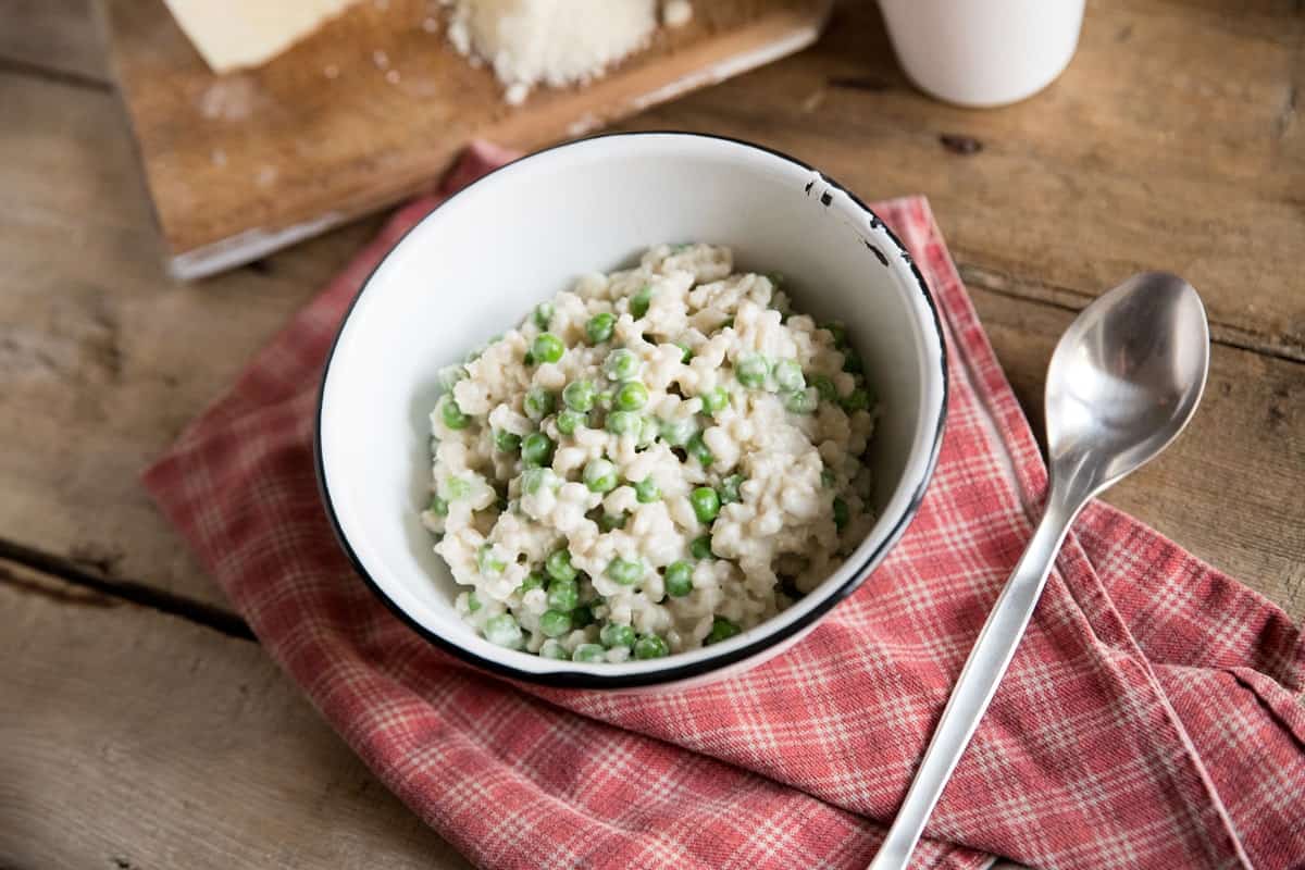 Orzotto con crema di piselli e pecorino